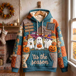 Savannah Ghost Fall Market Hoodie in blue, orange, beige, front view on a hanger
