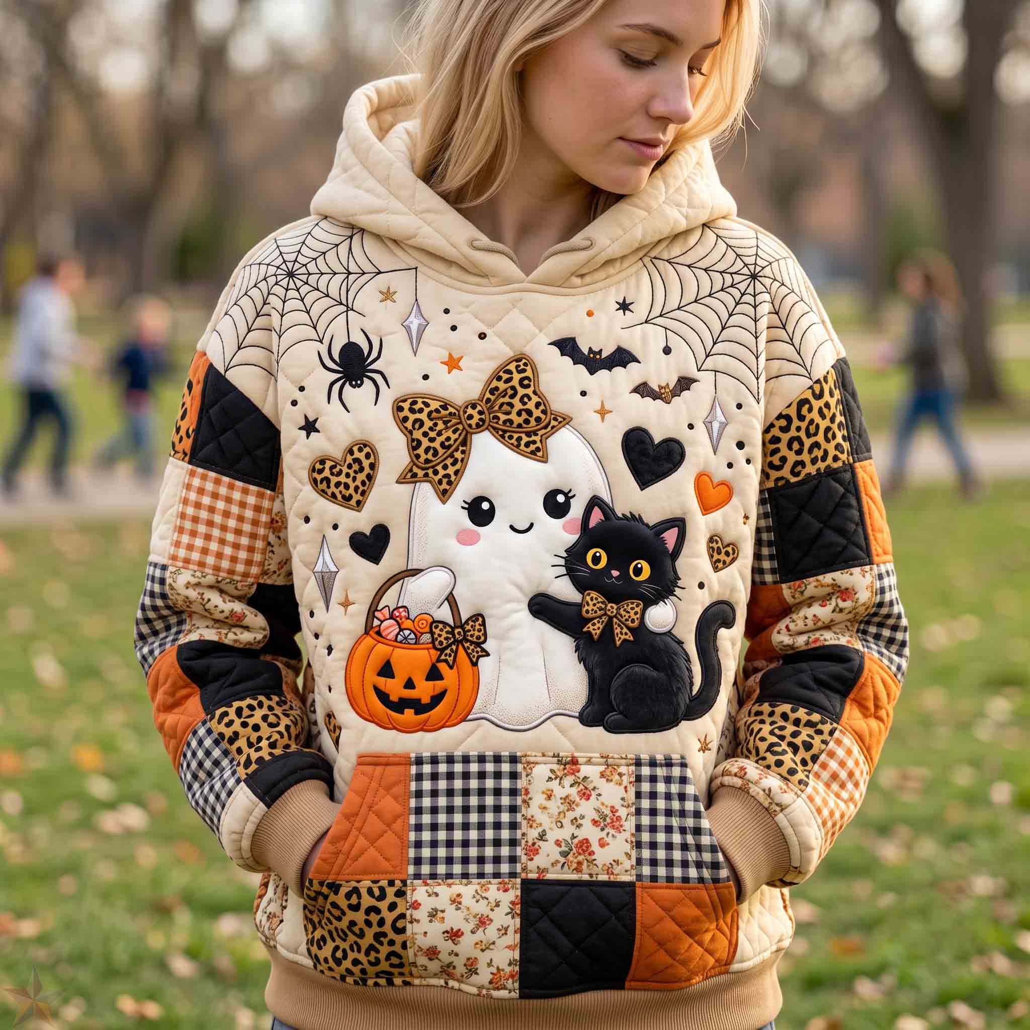 Autumn Ghost Black Cat Hoodie in beige, orange, black, front view worn by a model