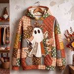 Serenity Bow Ghost Coffee Hoodie in orange, green, beige, front view on a hanger