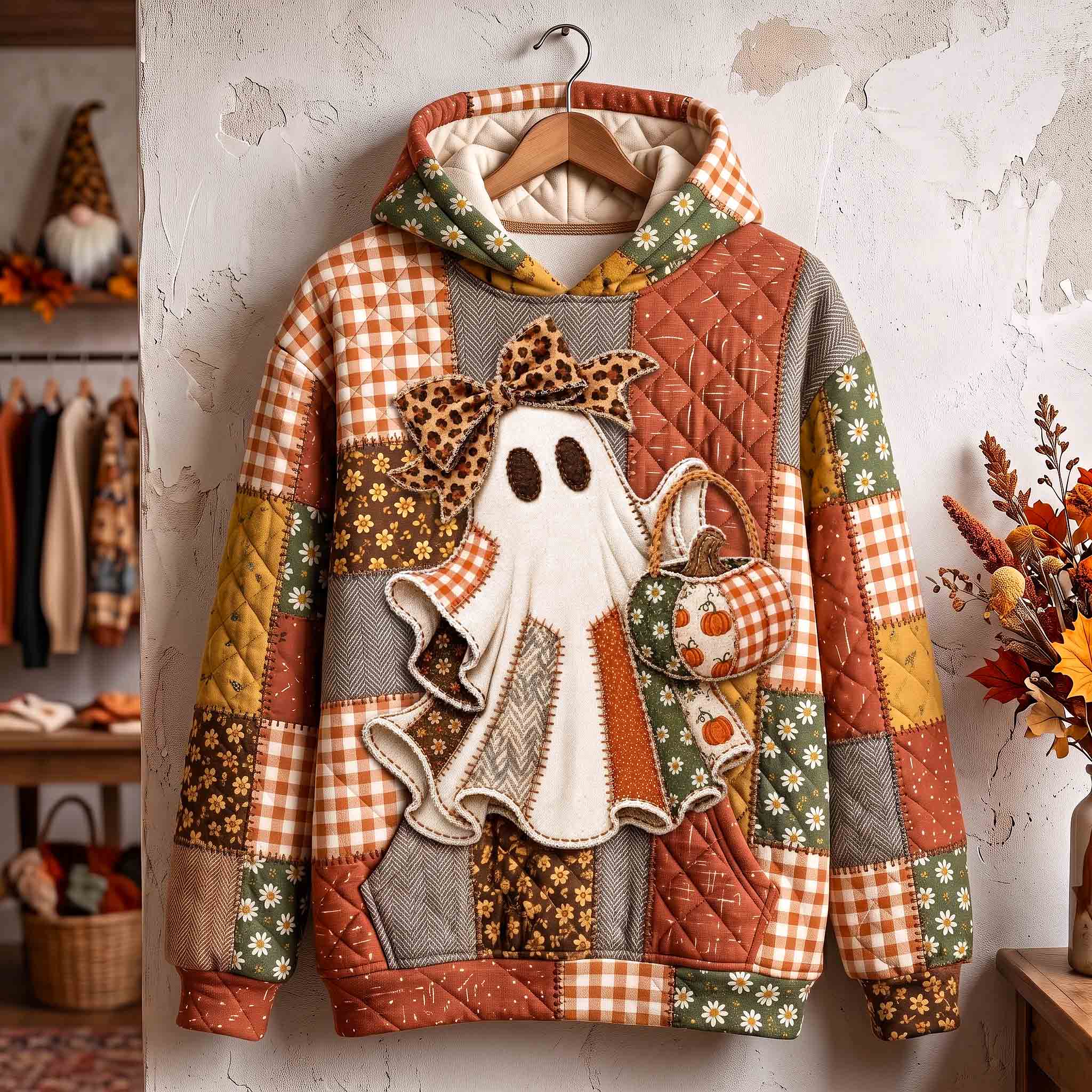 Serenity Bow Ghost Coffee Hoodie in orange, green, beige, front view on a hanger