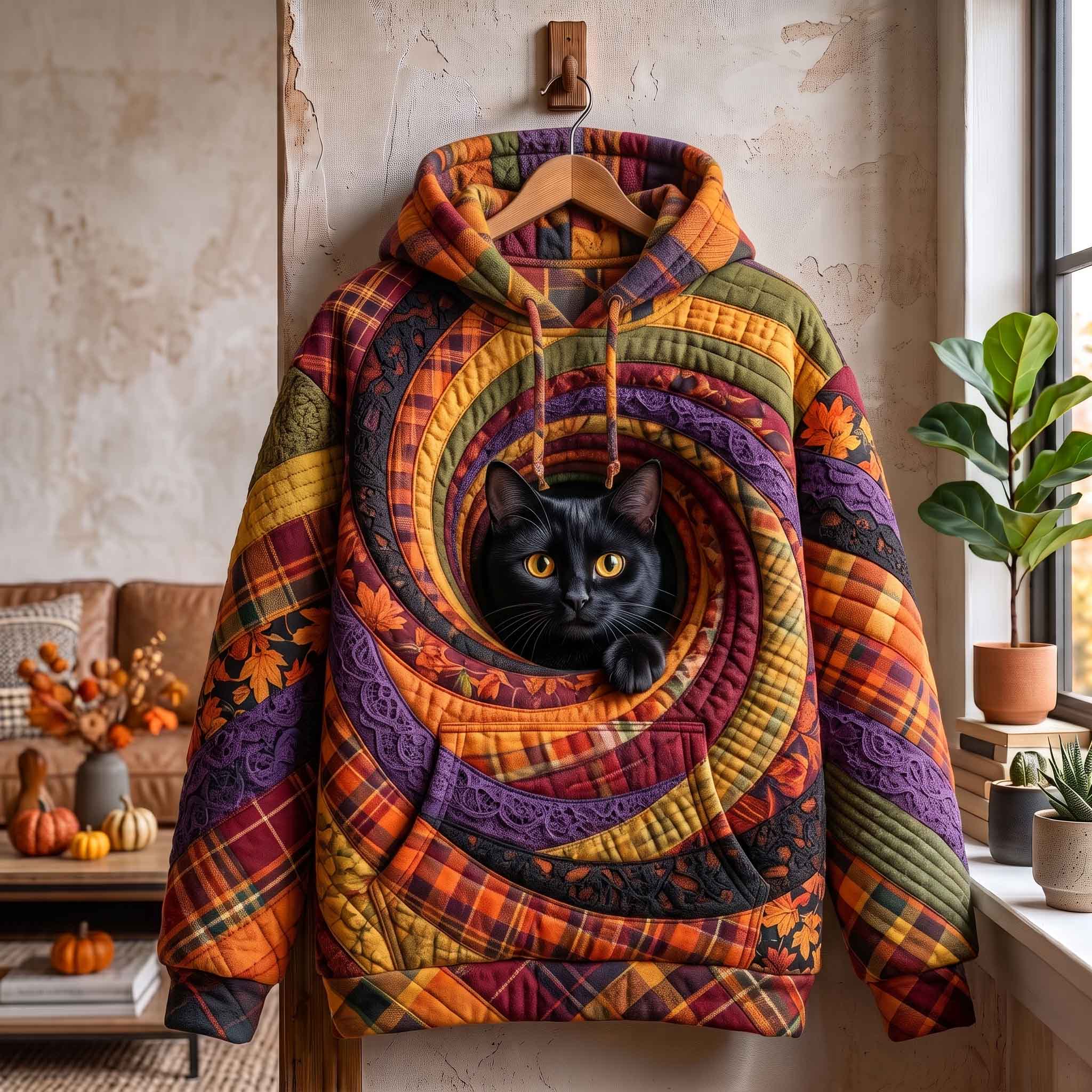 Josephine Black Cat Plaid Swirl Hoodie in orange, purple, green, front view on a hanger
