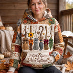 Abigail Autumn Broom Hoodie in beige, orange, brown, front view worn by a model
