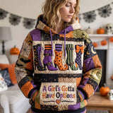 Ella Witch Boot Patchwork Hoodie in purple, orange, black, front view worn by a model