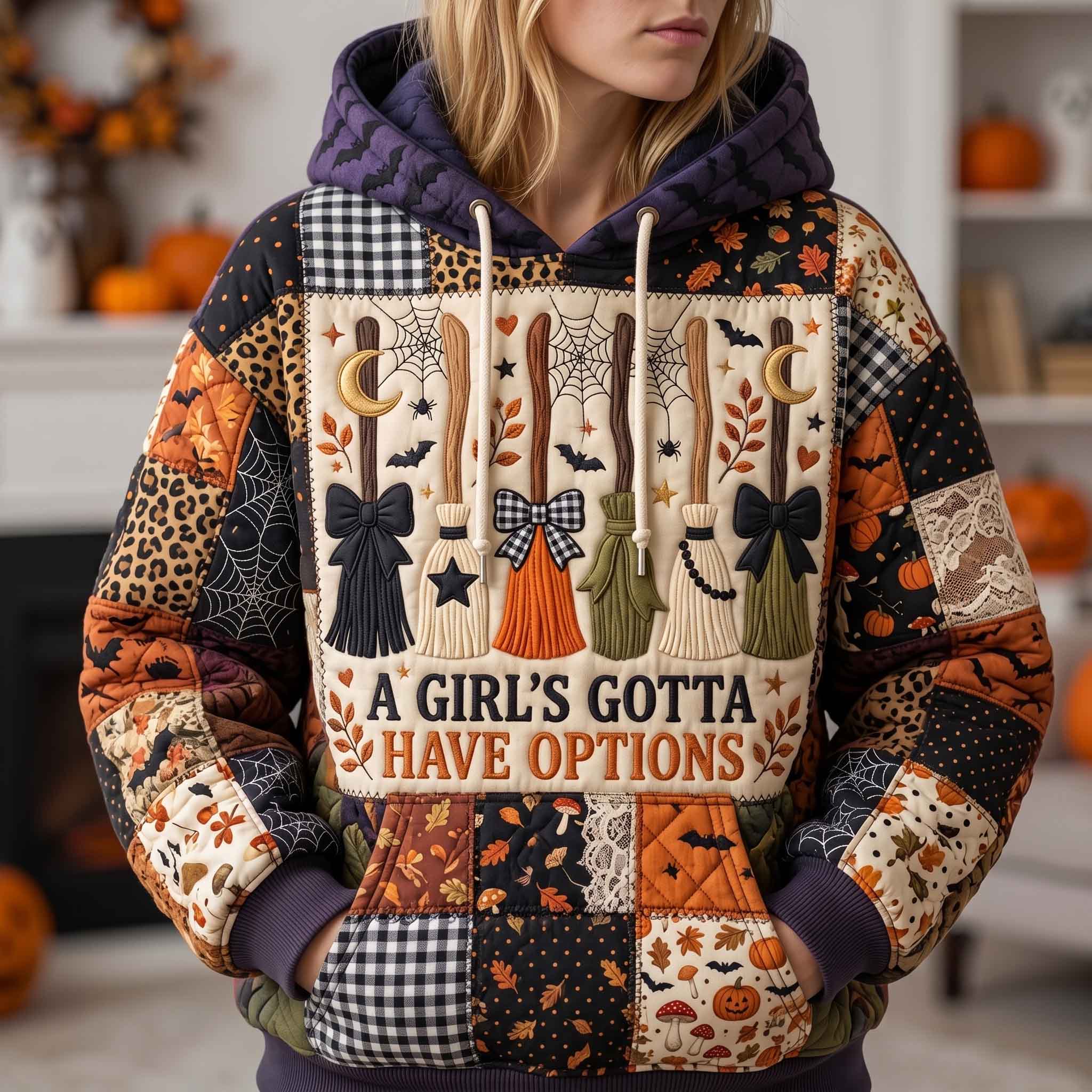 Isla Broom Options Hoodie in beige, orange, black, front view worn by a model