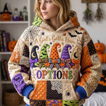 Layla Witch Hat Options Hoodie in beige, orange, purple, front view worn by a model