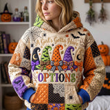 Layla Witch Hat Options Hoodie in beige, orange, purple, front view worn by a model