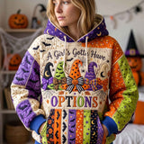 Avery Witch Hat Patchwork Hoodie in purple, orange, green, front view worn by a model