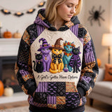 Mila Witch Cat Patchwork Hoodie in purple, black, beige, front view worn by a model