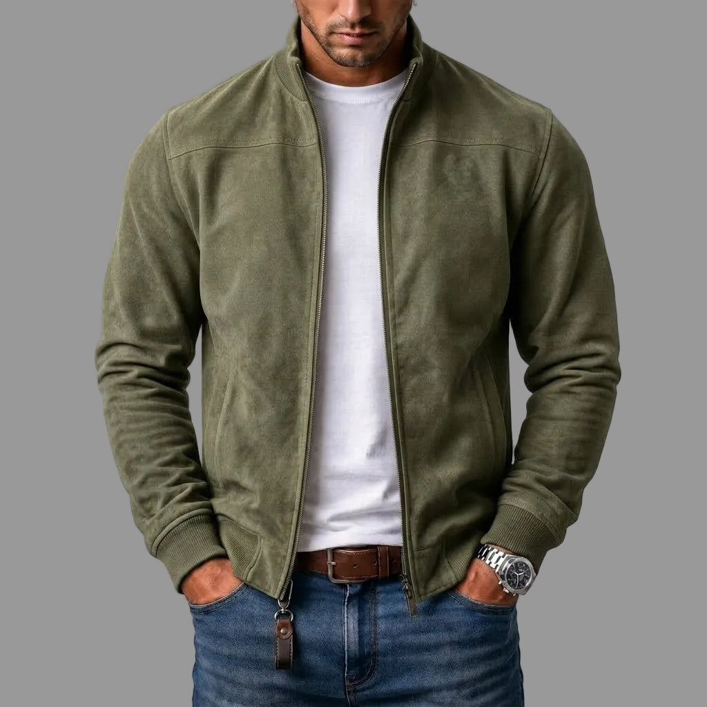 Alan men's faux suede stand collar bomber jacket in Olive Green, view 7