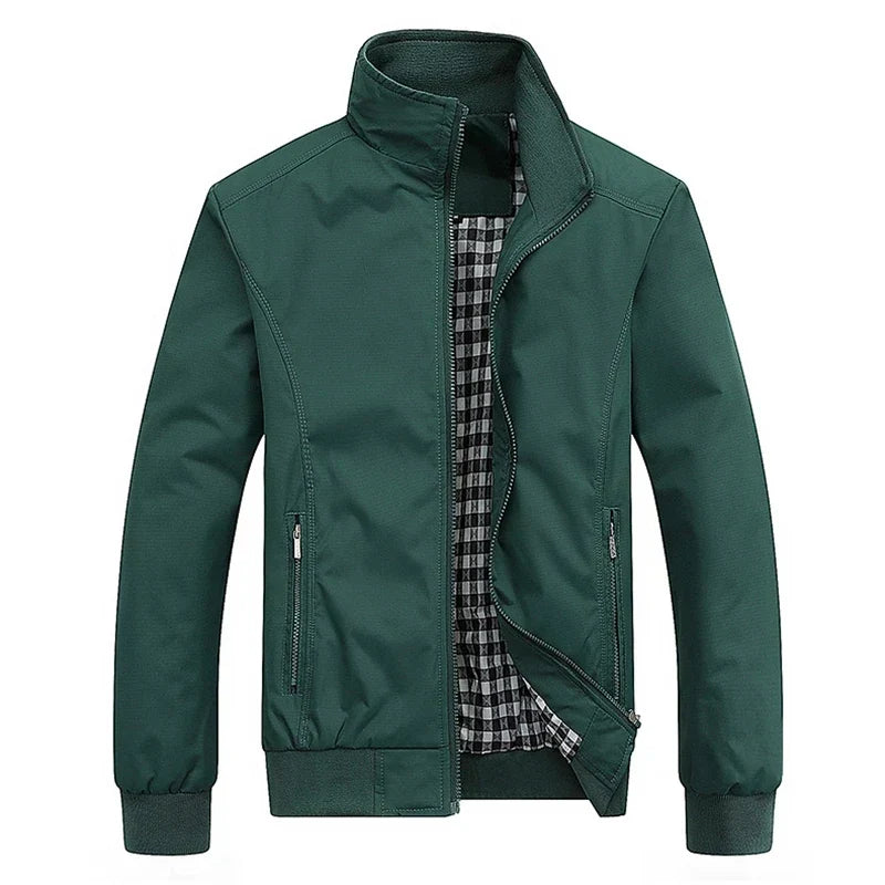 Marshall men's check lined Harrington jacket in Green, front view