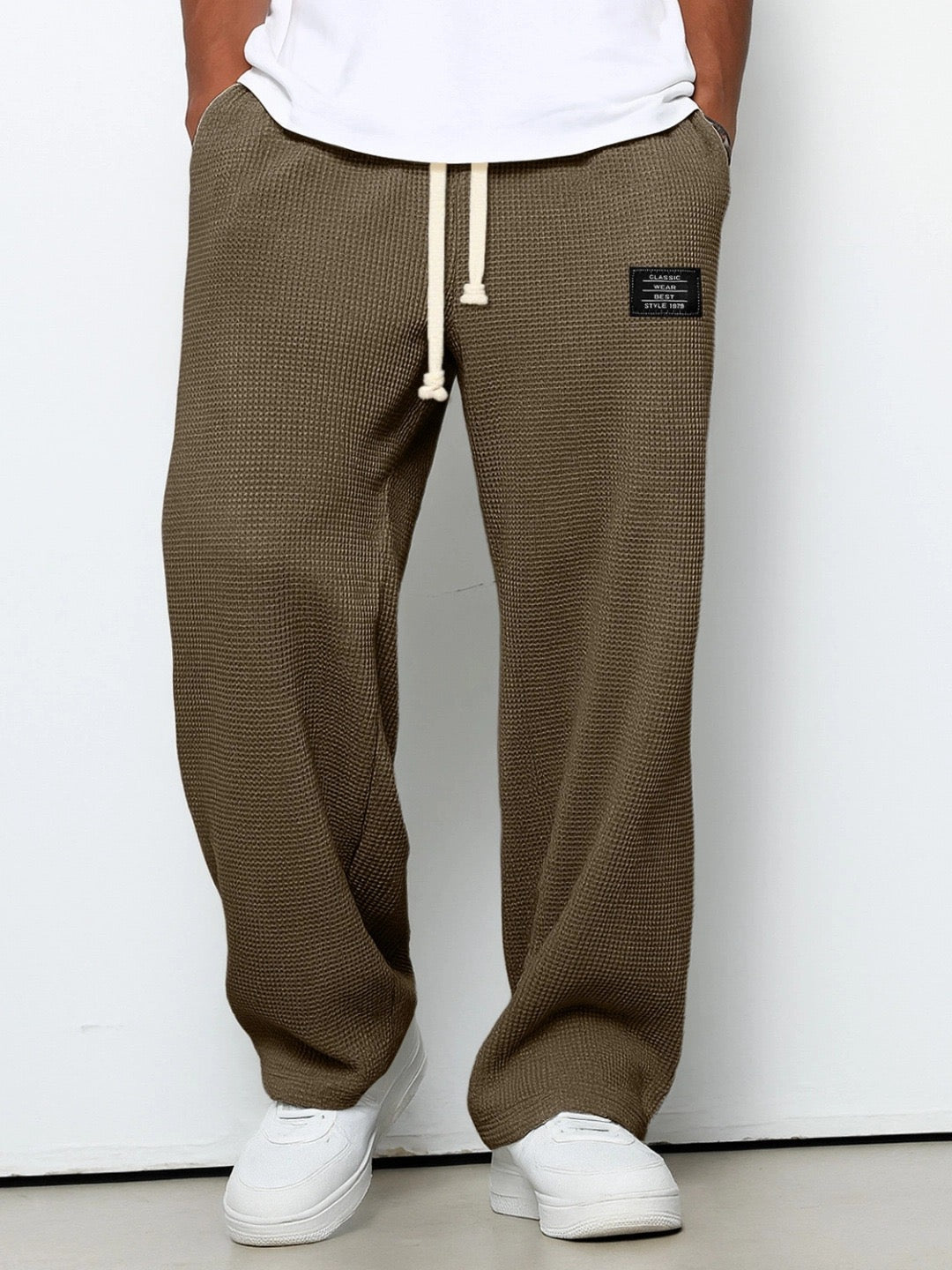 Kirk men's dark brown waffle drawstring pants, front view