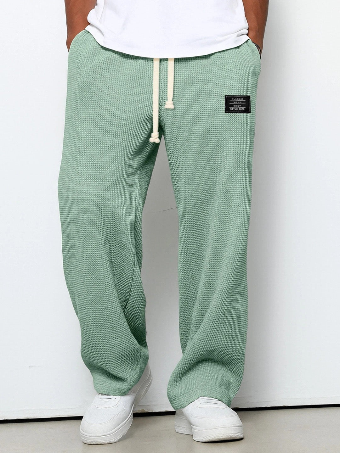 Nick men's green waffle drawstring pants, front view
