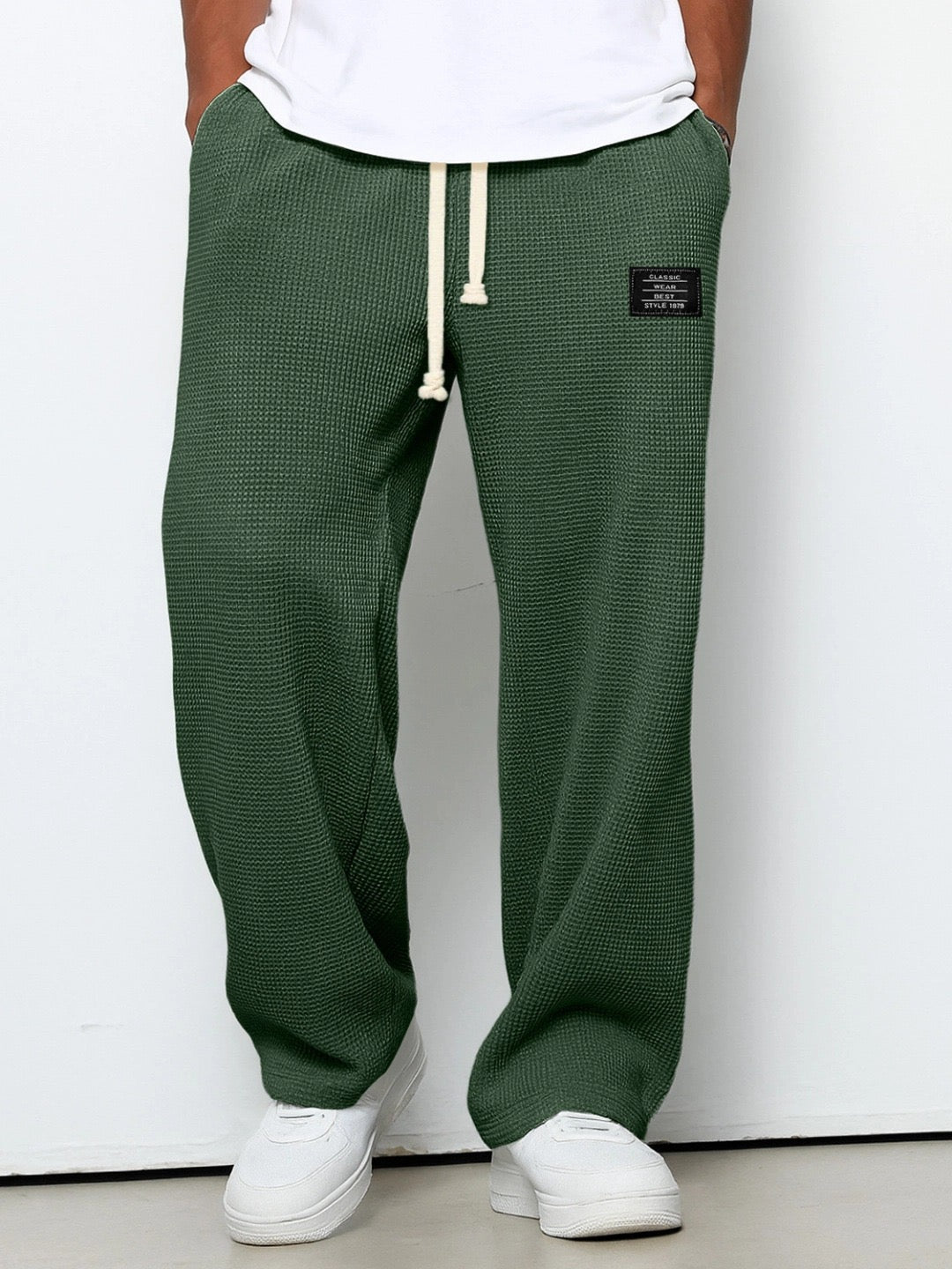 Pierce men's waffle texture drawstring pants in Dark Green, view 9
