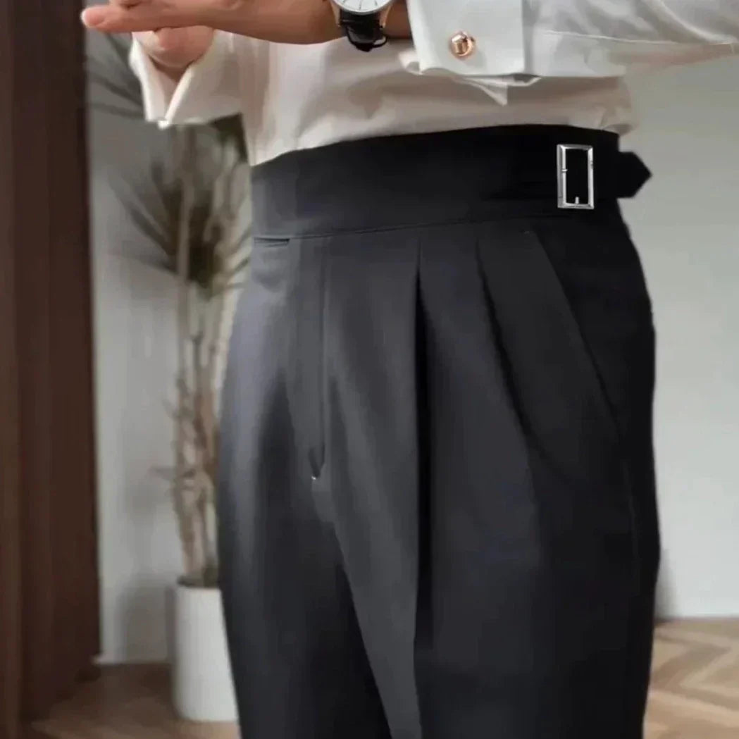 Gil men's high waist buckle dress pants in Black, front view