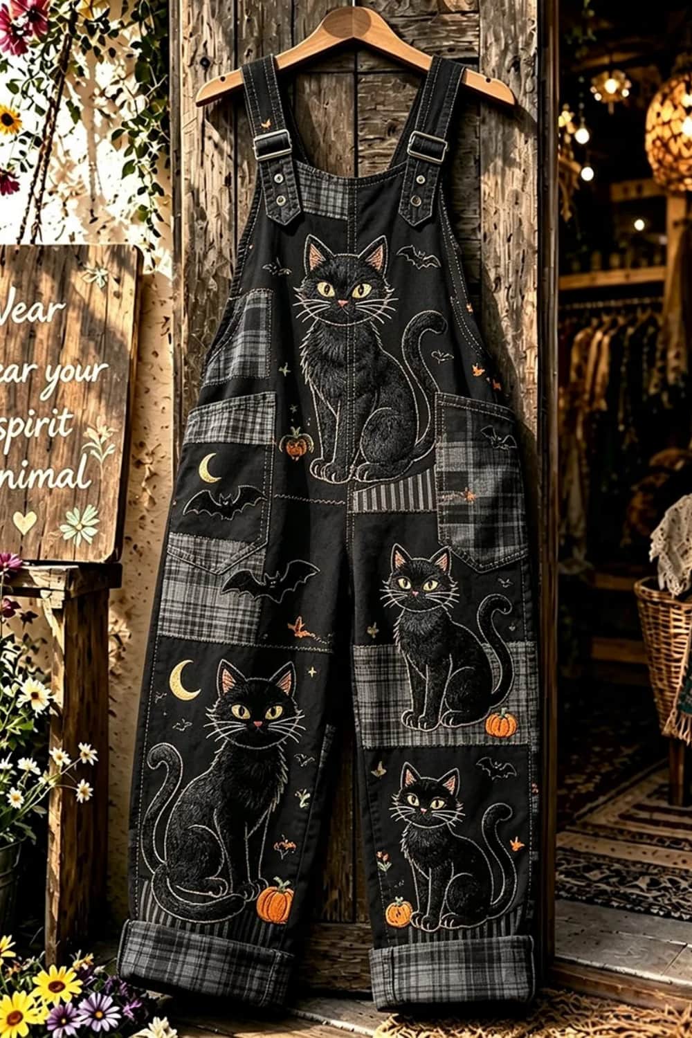 Daphne cat pumpkin plaid jumpsuit in black, gray, front view