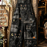 Daphne cat pumpkin plaid jumpsuit in black, gray, front view