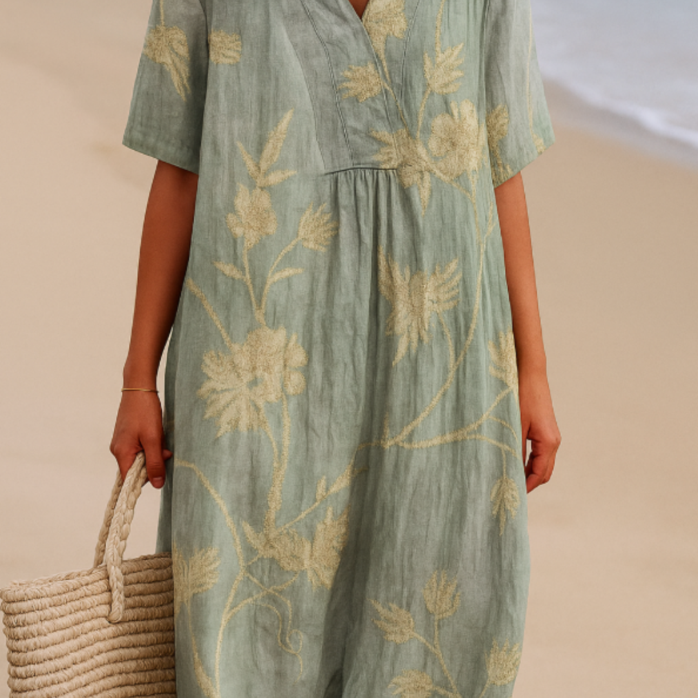 Shannon | Blue-Gray Dress with Floral Embroidery