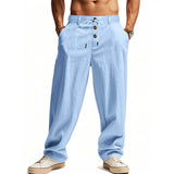 Eli men's button fly cotton linen pants in Light Blue, view 2