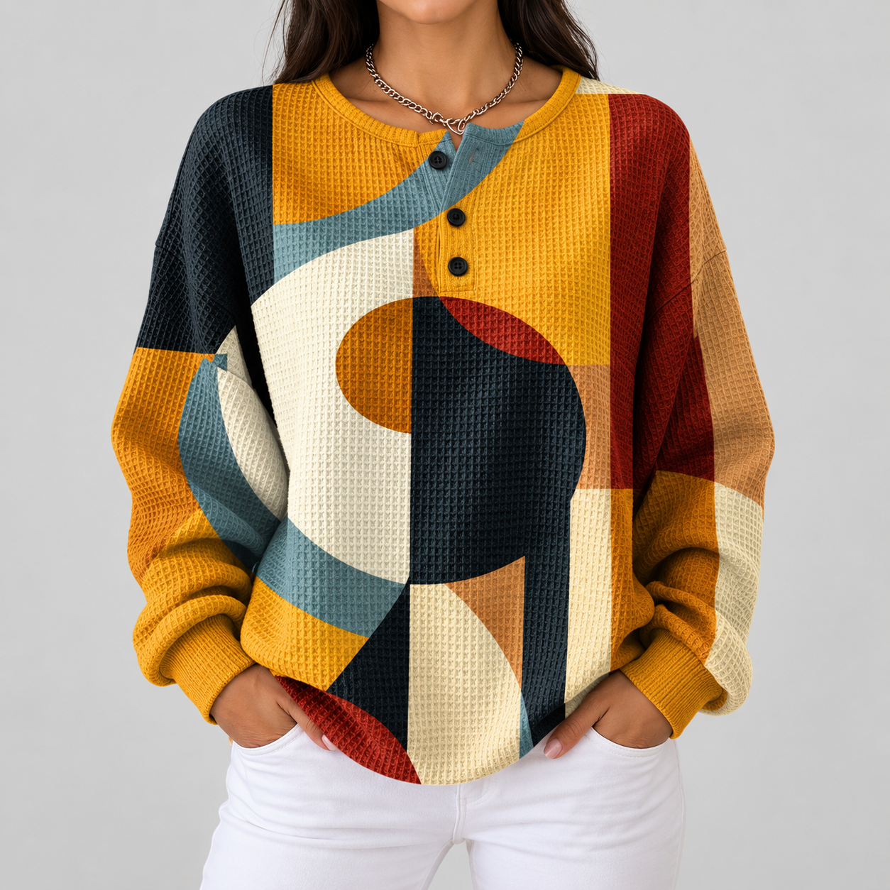 Amelia geometric print waffle knit sweater, front view