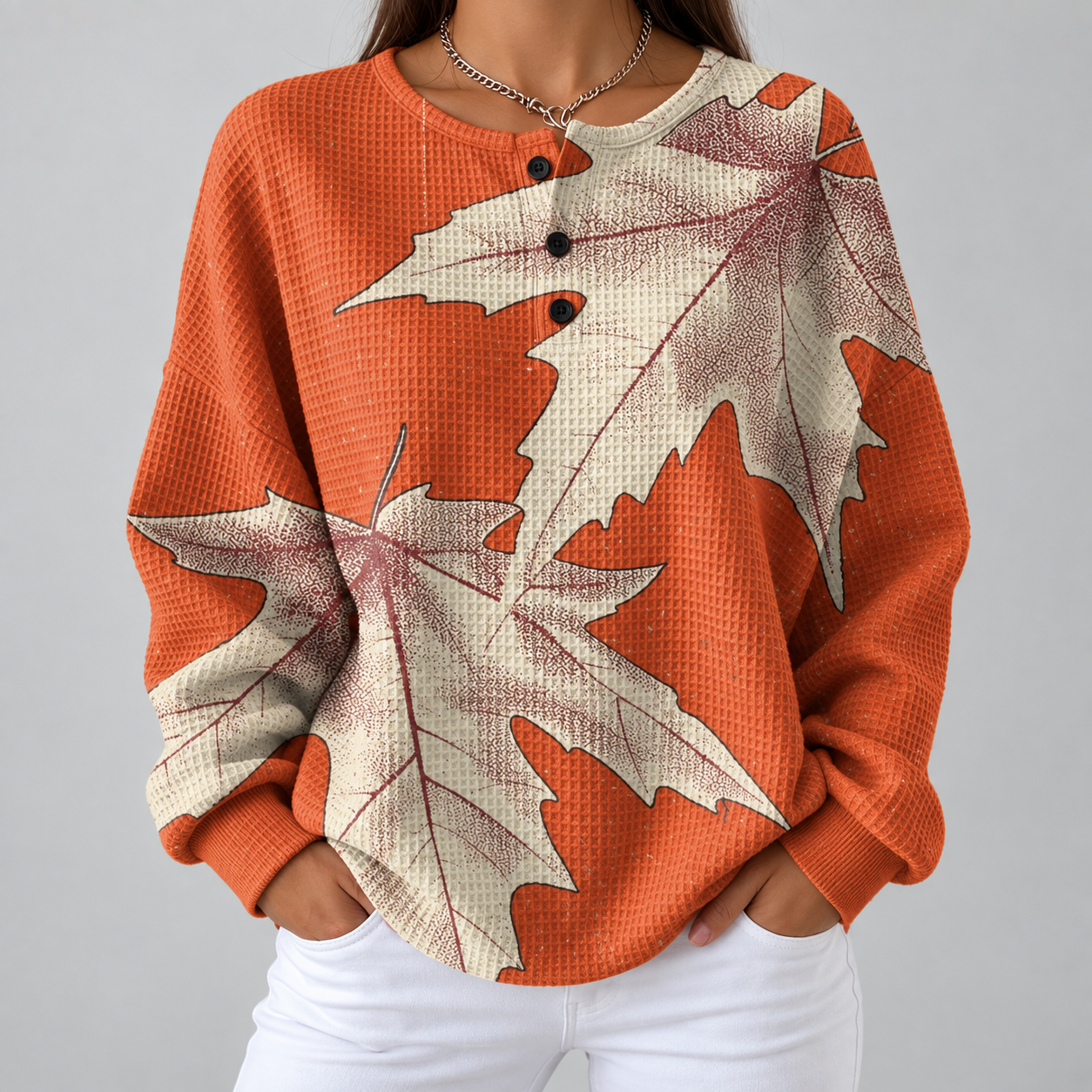 Marion orange maple leaf waffle knit sweater, front view