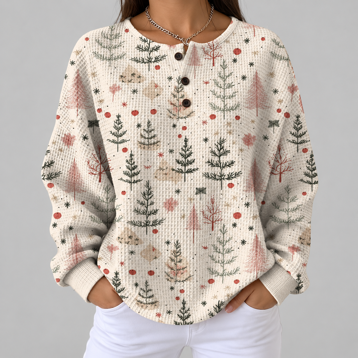 Meredith cream mini tree waffle knit sweater, front view