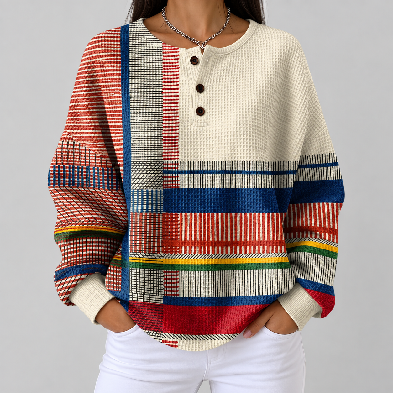 Margaret striped color block waffle knit sweater, front view