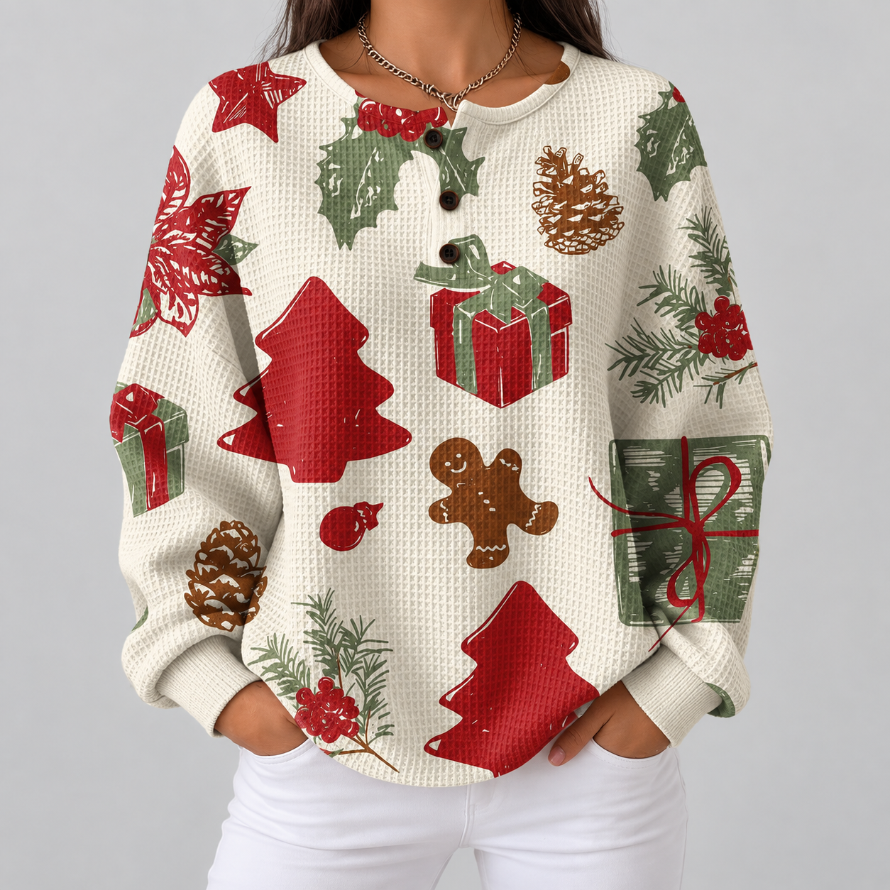 Olivia Christmas tree and gift waffle knit sweater, front view