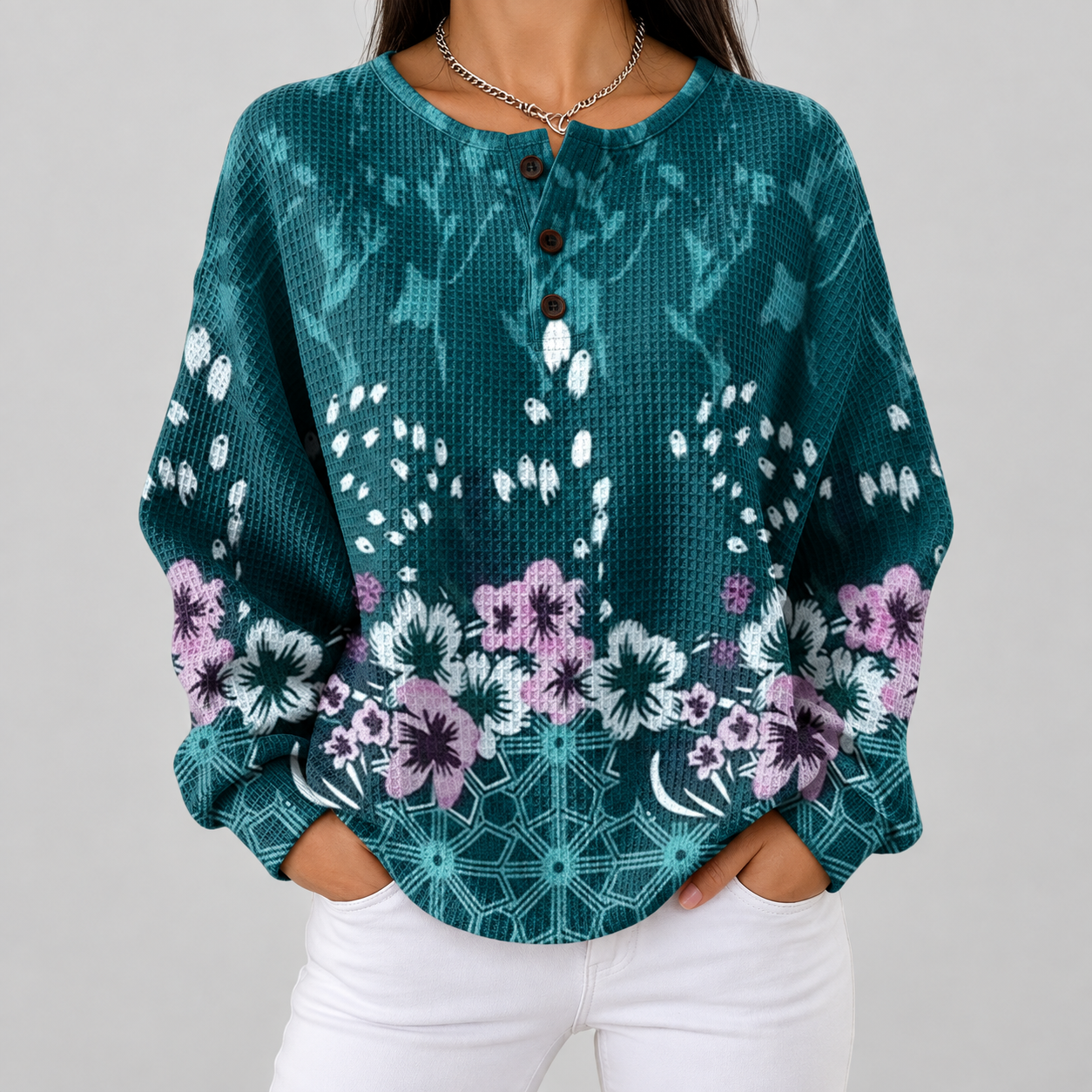 Willow turquoise floral waffle knit sweater, front view