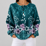 Willow turquoise floral waffle knit sweater, front view