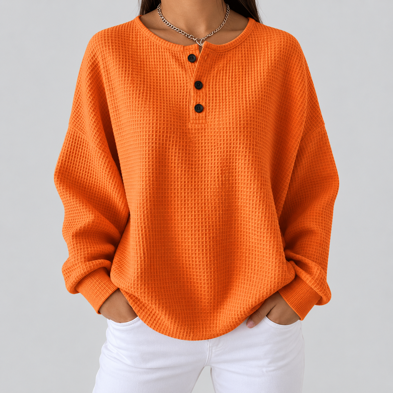 Helen solid henley waffle knit sweater, front view