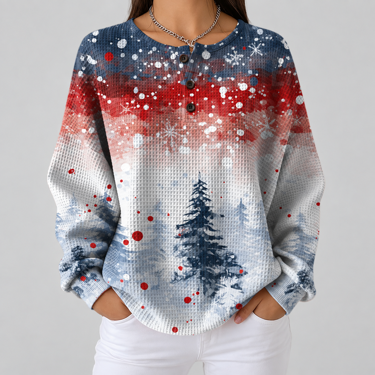 Alice light blue Christmas tree waffle knit sweater, front view