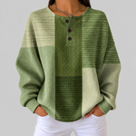 Charlotte green patchwork waffle knit sweater, front view