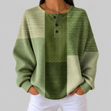 Charlotte green patchwork waffle knit sweater, front view