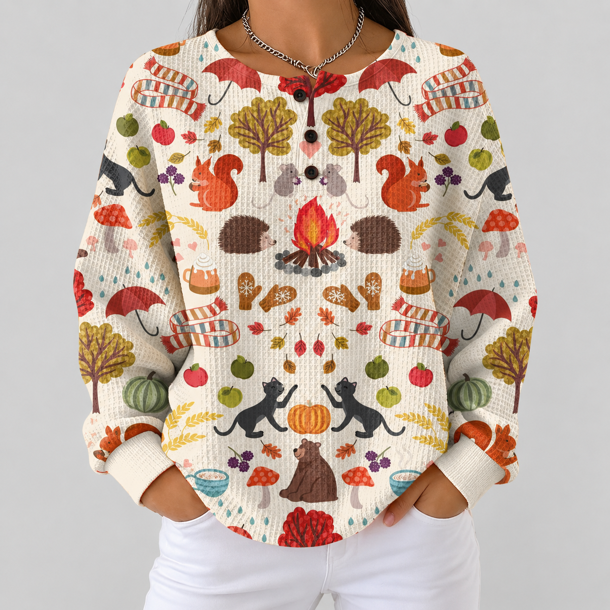 Hazel fall forest waffle knit sweater, front view