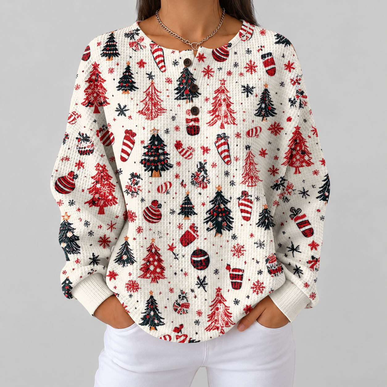 Holly white Christmas tree waffle knit sweater, front view