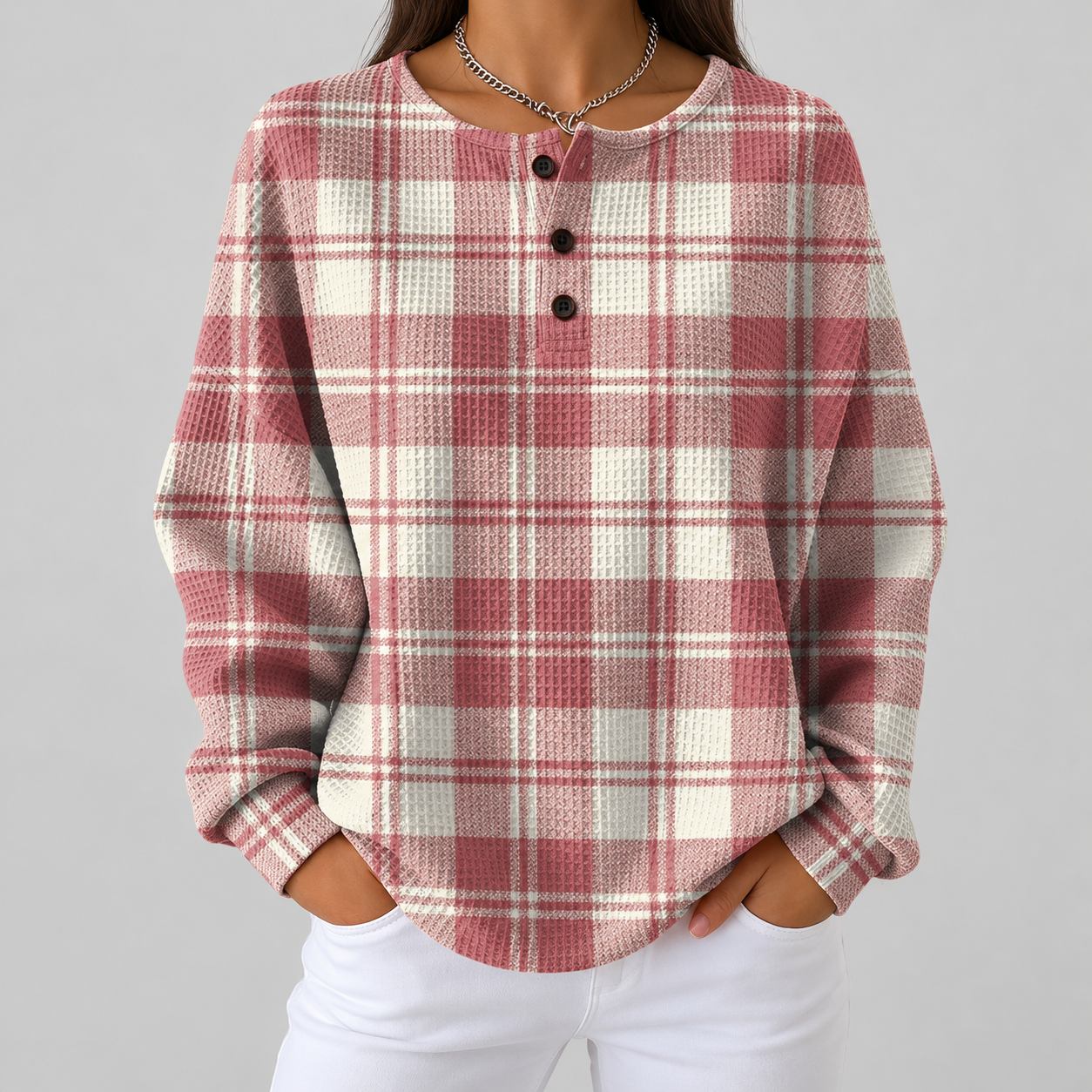 Emma blush plaid waffle knit sweater, front view