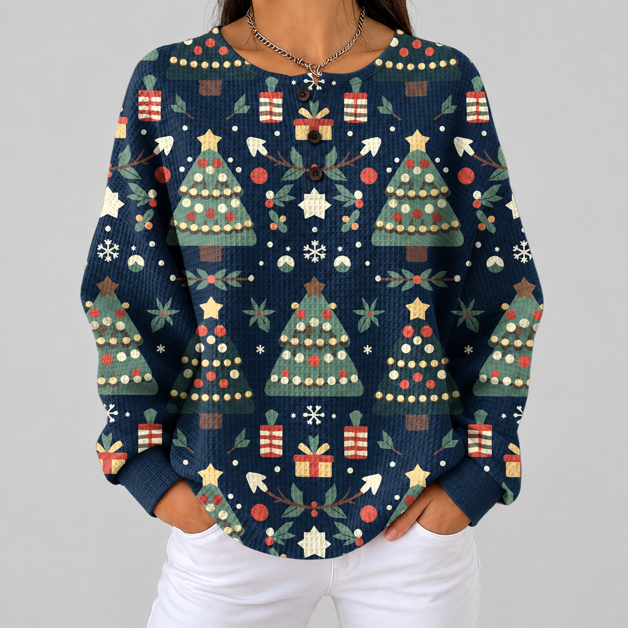 Faye navy Christmas tree waffle knit sweater, front view