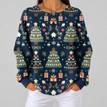 Faye navy Christmas tree waffle knit sweater, front view
