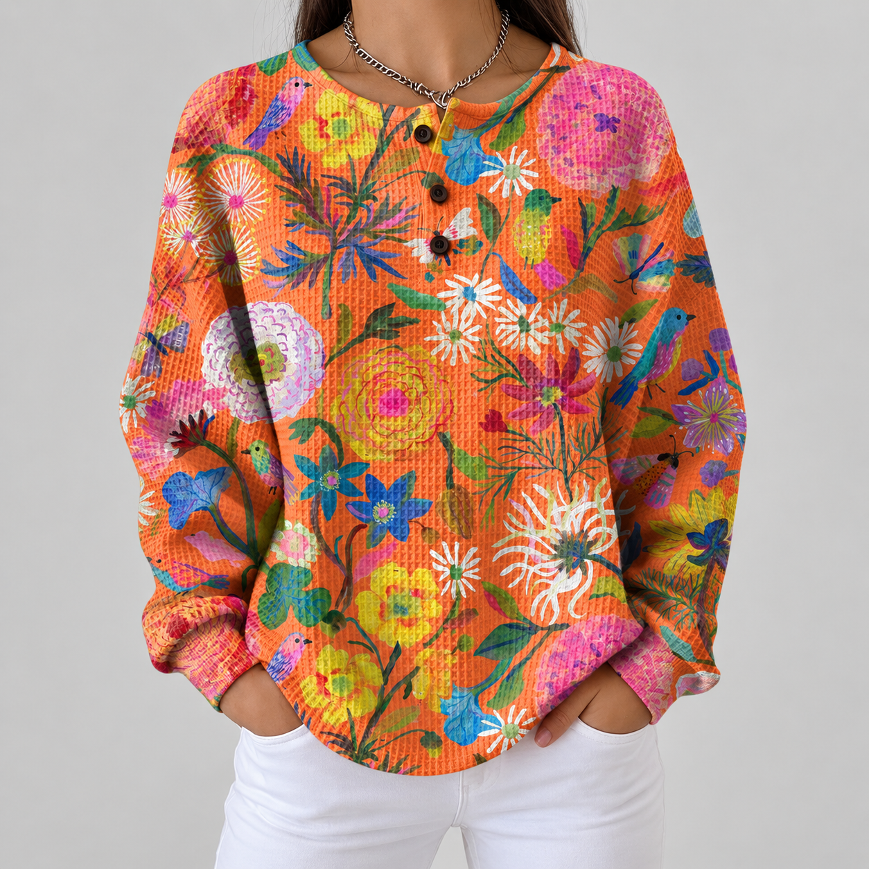 Florence orange floral waffle knit sweater, front view