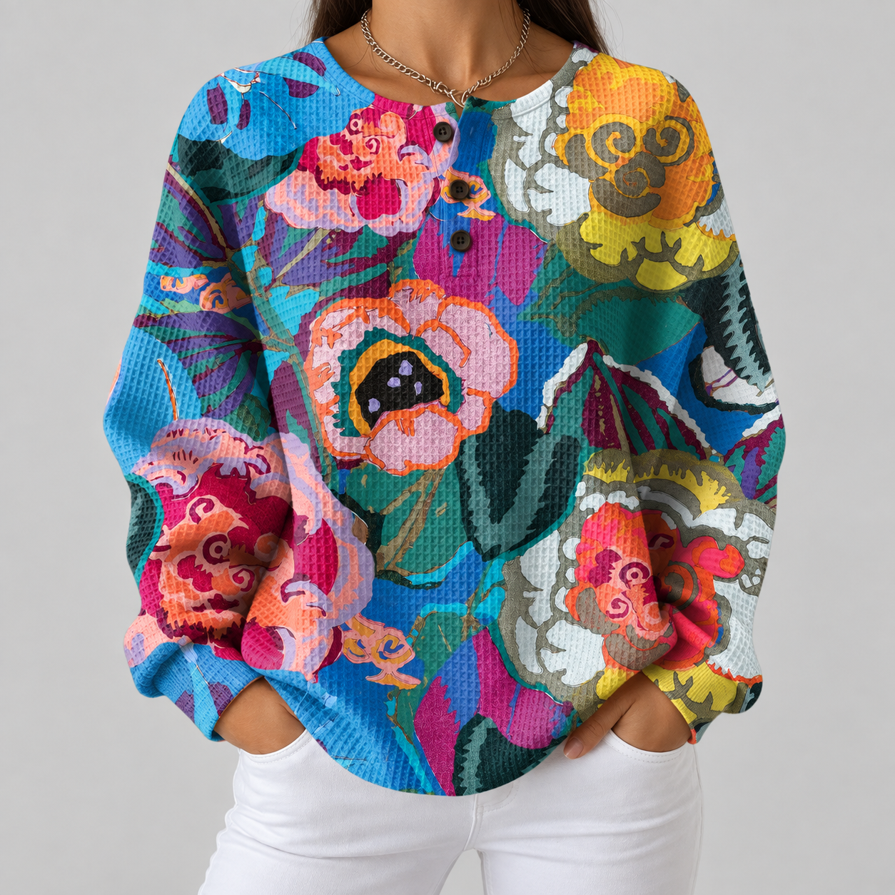 Irene large floral waffle knit sweater, front view