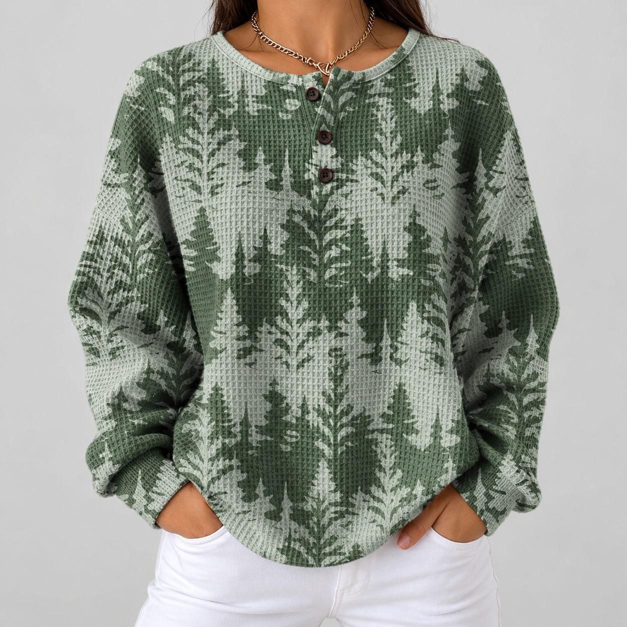 Emily evergreen forest waffle knit sweater, front view