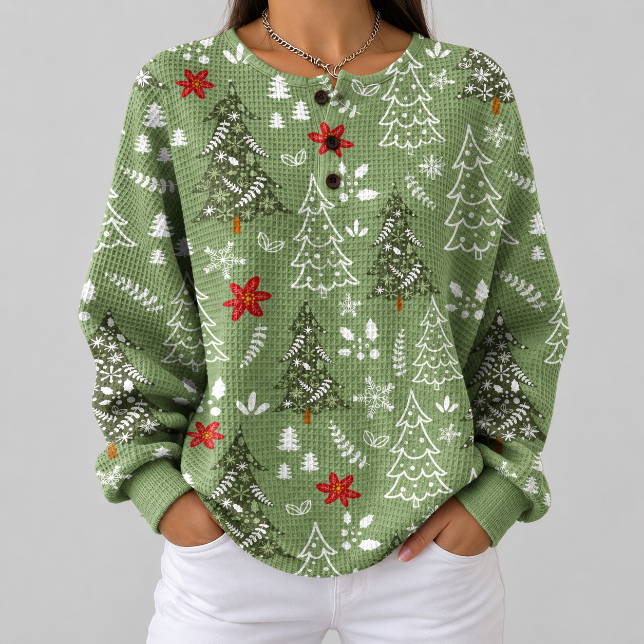 Ivy green Christmas tree waffle knit sweater, front view