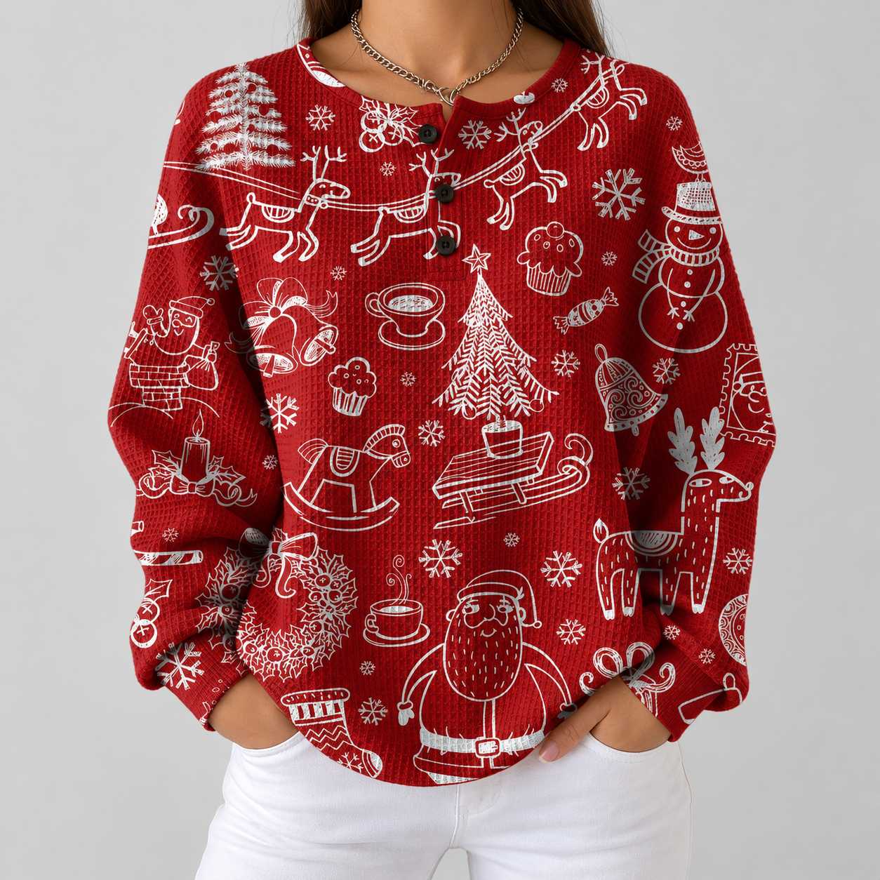 Caroline red Christmas motif waffle knit sweater, front view