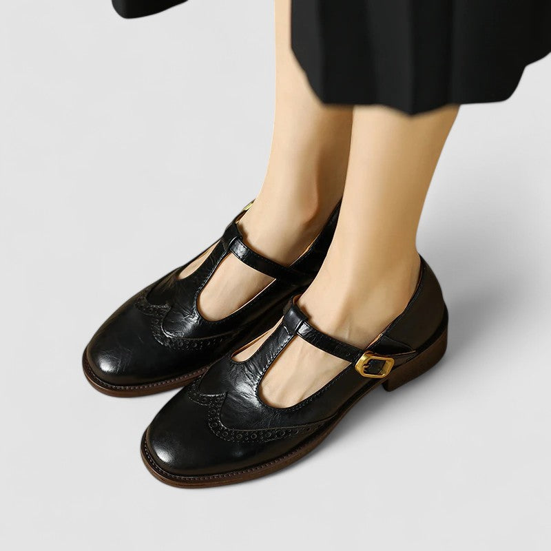 Renee wingtip stacked heel Mary Jane shoes in Black, view 2