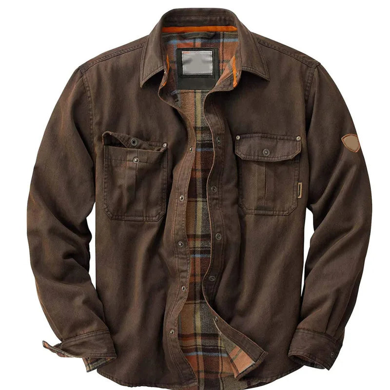 Gary men's plaid lined cotton shirt jacket in Dark Brown, front view