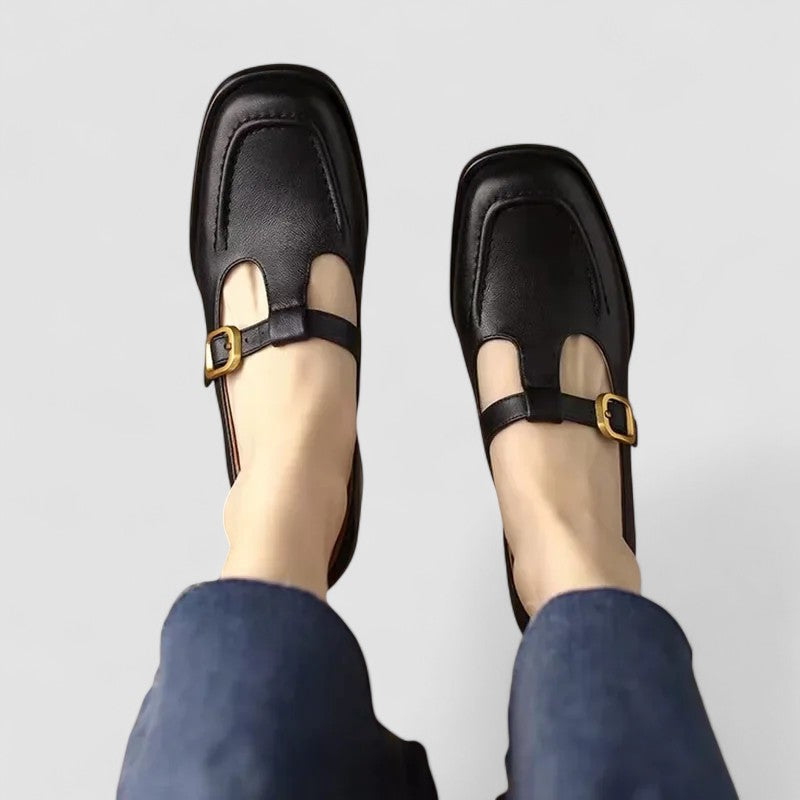 Jeanette square toe T-strap Mary Jane shoes in Black, view 2