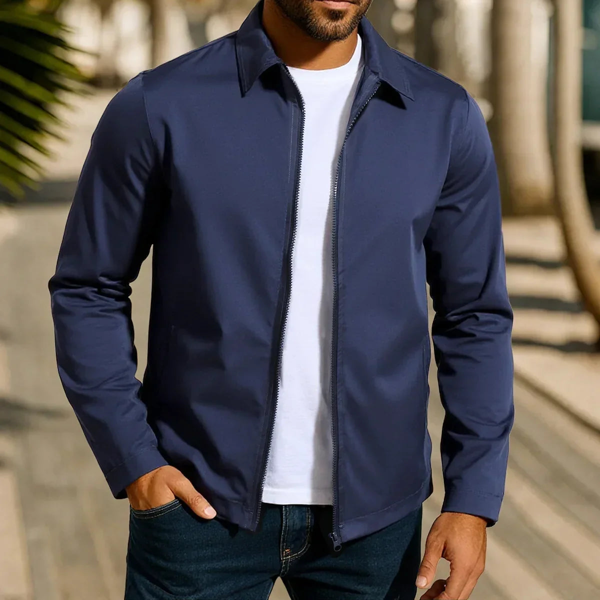 Luke men's casual zip shirt jacket in Dark Blue, front view