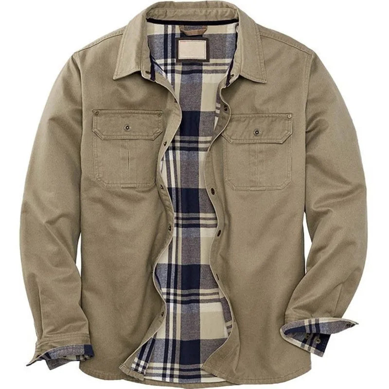 Gary men's plaid lined cotton shirt jacket in Khaki, view 3