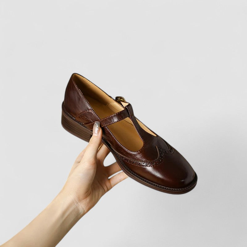 Renee wingtip stacked heel Mary Jane shoes in Brown, view 3