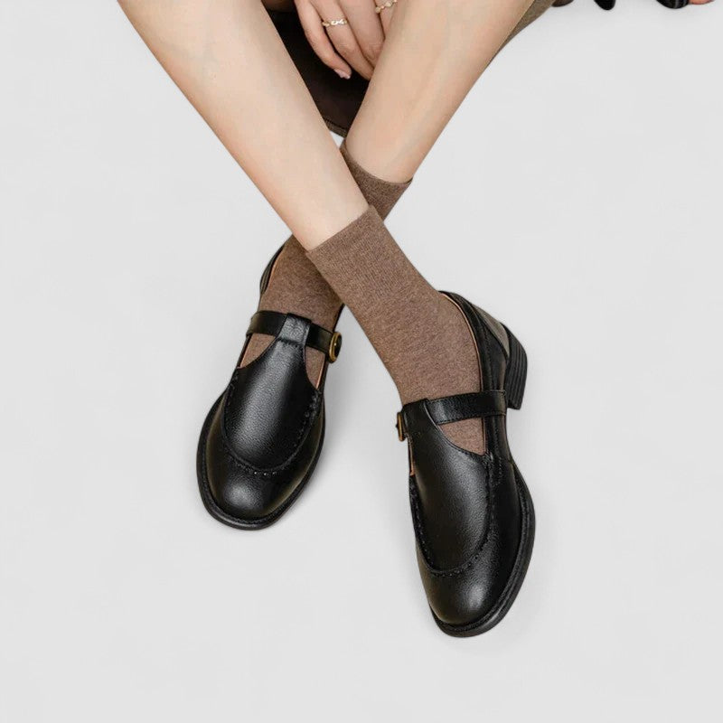 Marjorie moc toe T-strap Mary Jane shoes in Black, front view